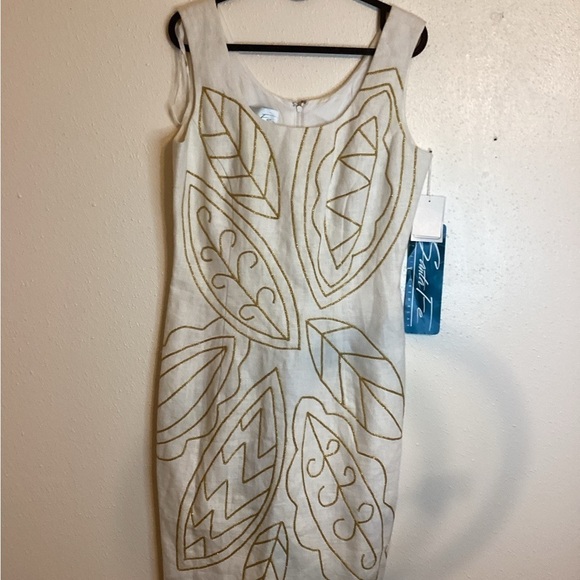 Santa Fe By Jim Tremblay Sheath Ramie Gold Embroidered Leaves Dress Size 4 NWT - Picture 2 of 9